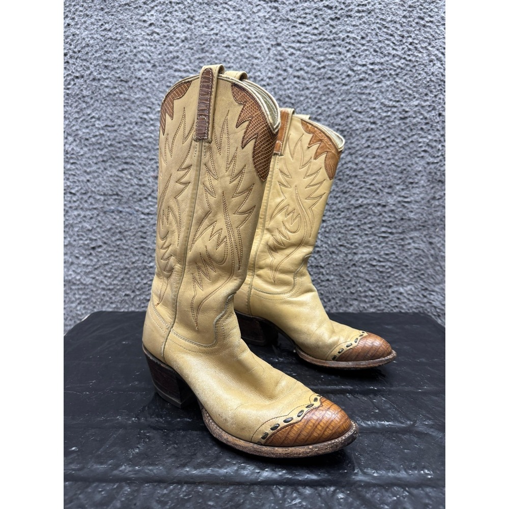 Vintage Dan Post Leather Lizard Skin Western Cowboy Boots Ivory Womens Size 6